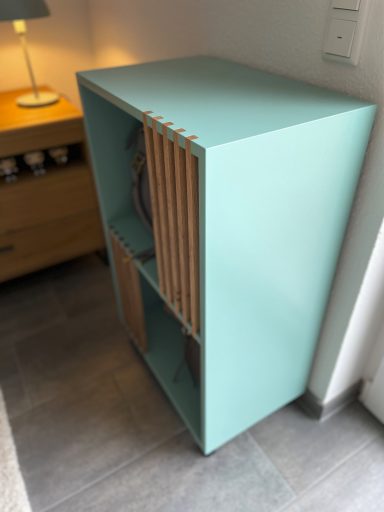 Handtaschenschrank Ein kleiner Schrank, farbenfroh lackiert und mit Lamellen aus Eiche ausgestattet, bietet Stauraum für Handtaschen.